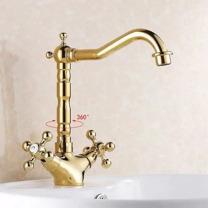 Antique brass basin faucet with cross handles for kitchen