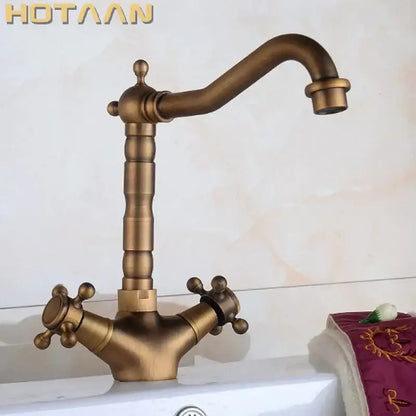 Antique brass basin faucet with cross handles for kitchen