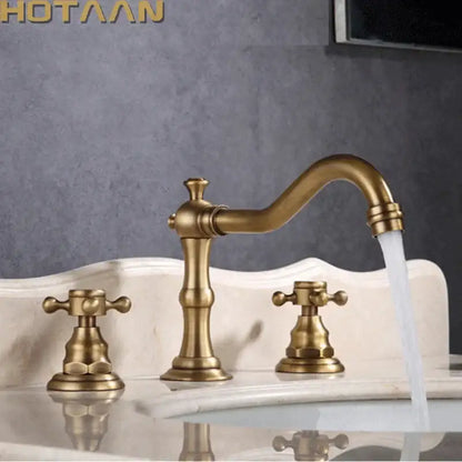 Antique brass basin mixer tap with cross handles bathroom faucet