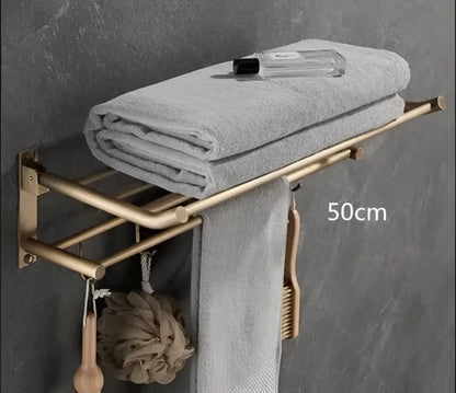 Antique brass bathroom accessory set with wall shelf
