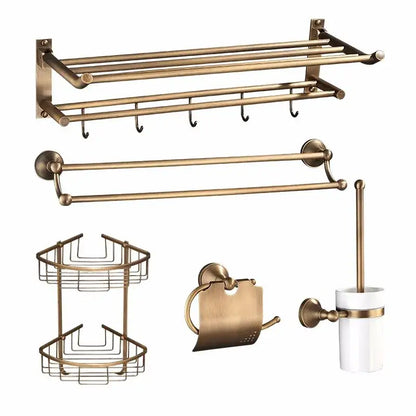 Antique brass bathroom accessory set with wall shelf