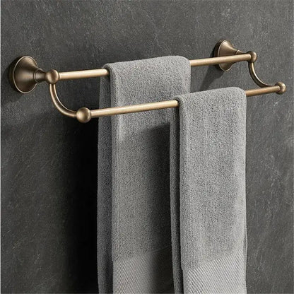 Antique brass bathroom accessory set with wall shelf