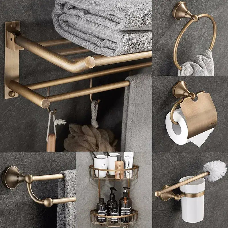 Antique brass bathroom accessory set with wall shelf