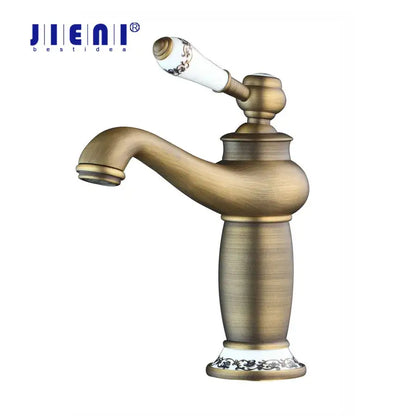 Antique brass bathroom basin faucet with floral ceramic handle