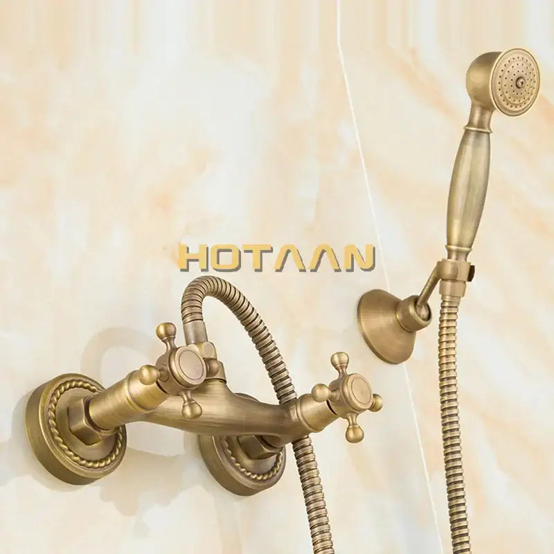 Antique brass bathroom shower and basin tap set with cross handles