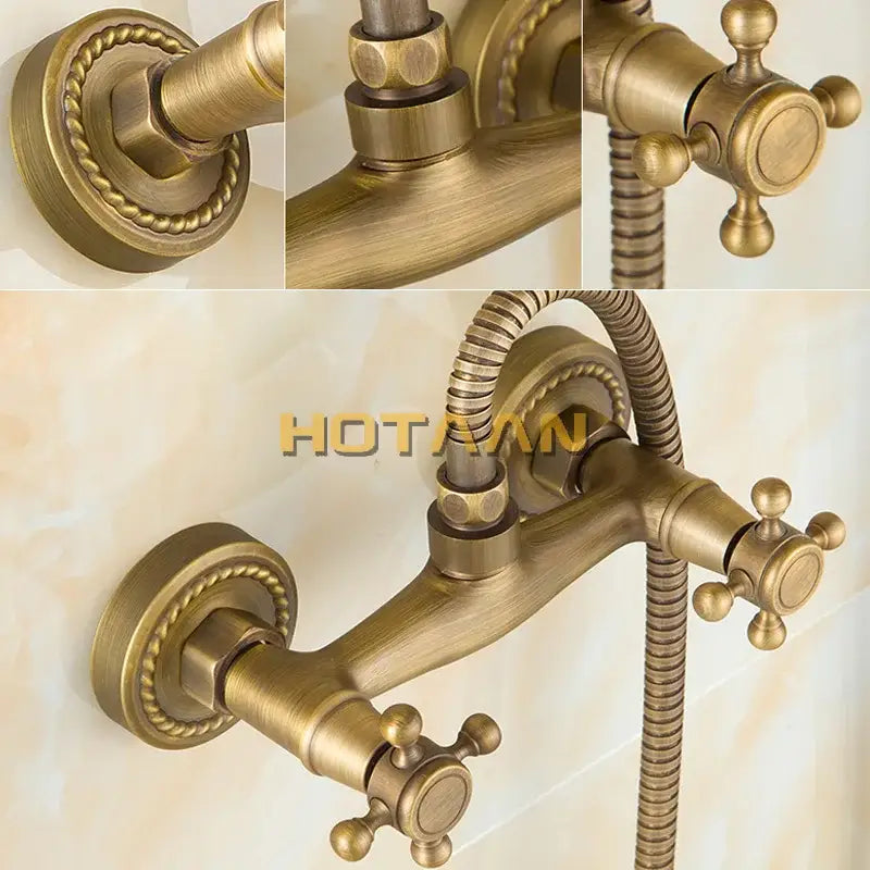 Antique brass bathroom shower and basin tap set with cross handles