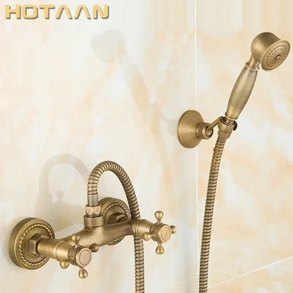 Antique brass bathroom shower and basin tap set with cross handles