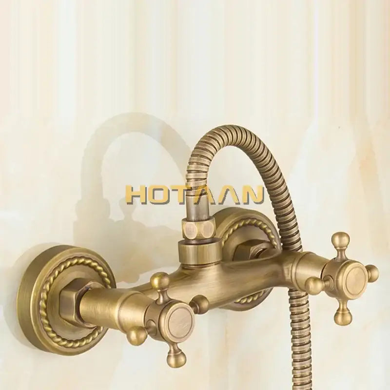 Antique brass bathroom shower and basin tap set with cross handles