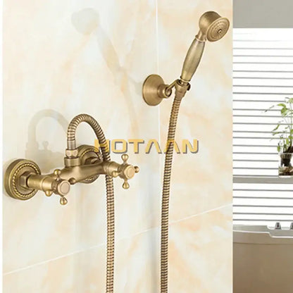 Antique brass bathroom shower and basin tap set with cross handles