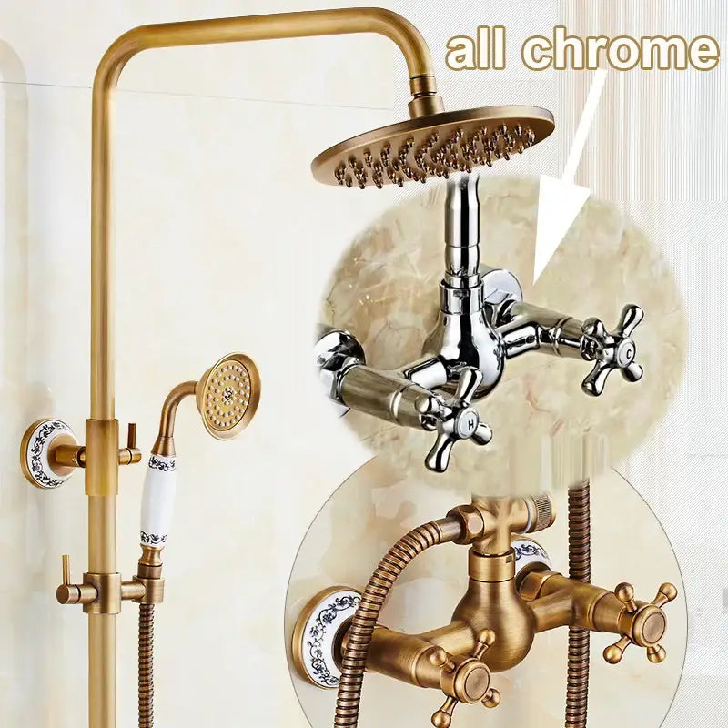 Antique brass vintage shower faucet set bathroom rainhead and tub spout