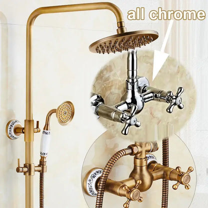 Antique brass vintage shower faucet set bathroom rainhead and tub spout