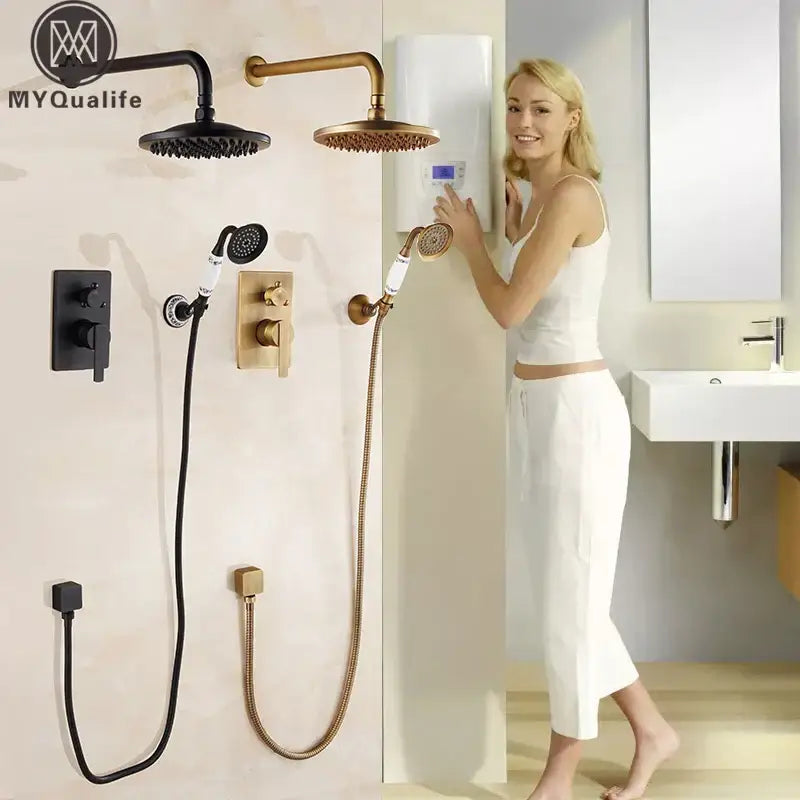 Modern black & gold brass shower mixer set bathroom rainfall shower