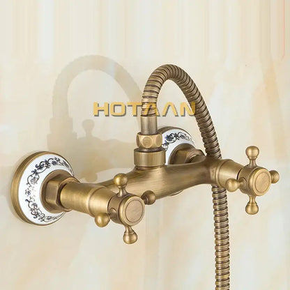 Antique brass bidet with floral ceramic knobs for bathroom