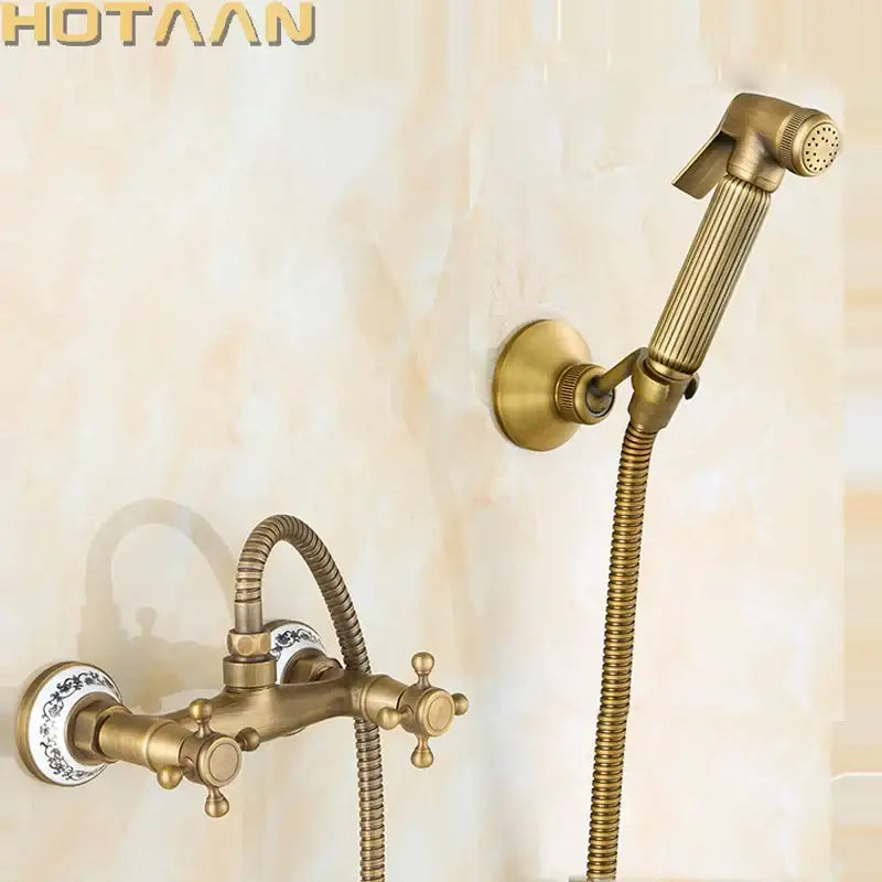 Antique brass bidet with floral ceramic knobs for bathroom