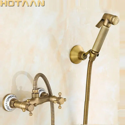 Antique brass bidet with floral ceramic knobs for bathroom