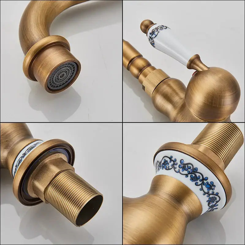 Antique brass ceramic handle kitchen basin faucet with blue floral detail