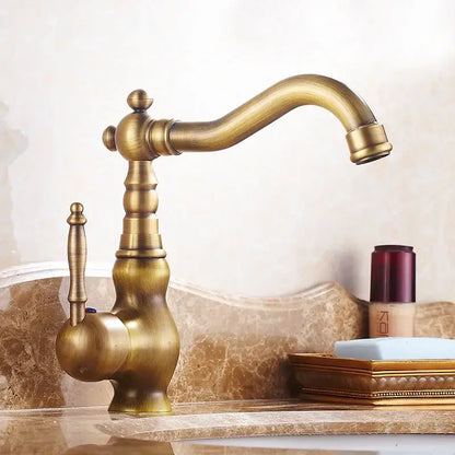 Antique brass ceramic handle kitchen basin faucet with blue floral detail