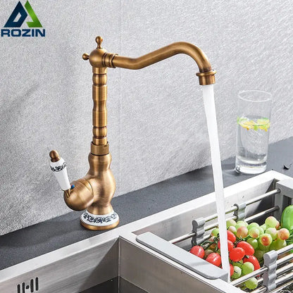Antique brass ceramic handle kitchen basin faucet with blue floral detail