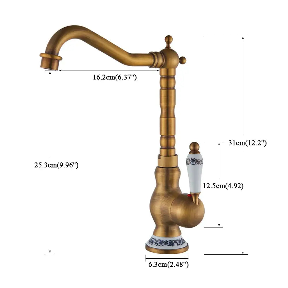 Antique brass ceramic handle kitchen basin faucet with blue floral detail