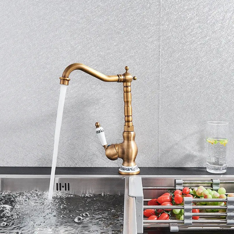 Antique brass ceramic handle kitchen basin faucet with blue floral detail
