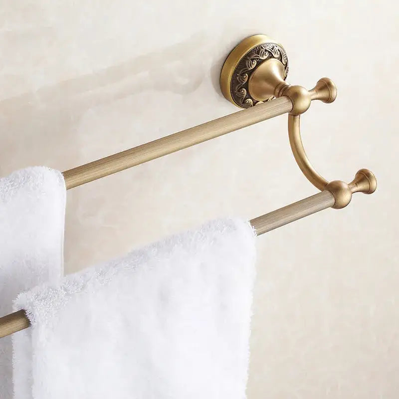 Antique brass floral double towel bar bathroom rack
