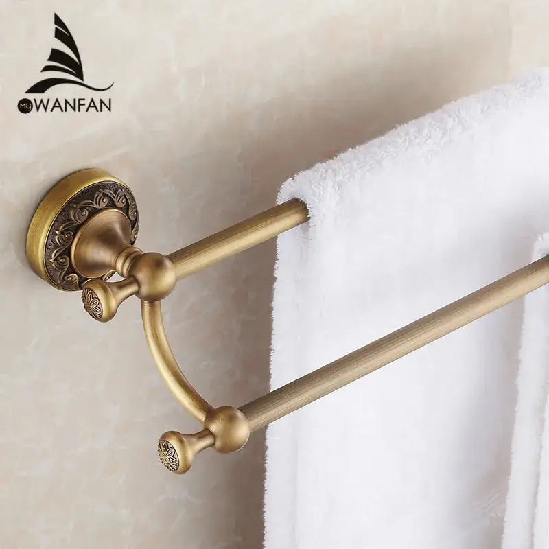 Antique brass floral double towel bar bathroom rack
