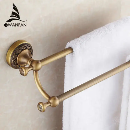 Antique brass floral double towel bar bathroom rack