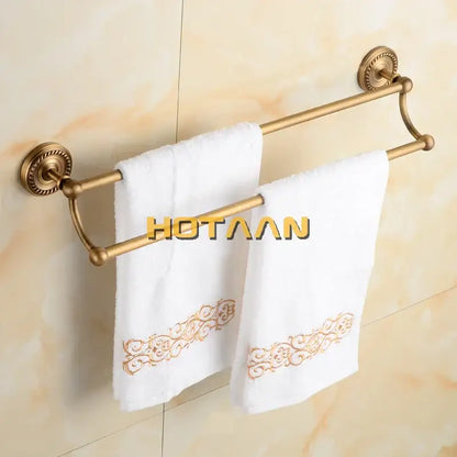 Antique brass double towel bar rack – bathroom ornate wall mount
