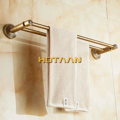 Antique brass double towel bar with floral ornate bathroom rack
