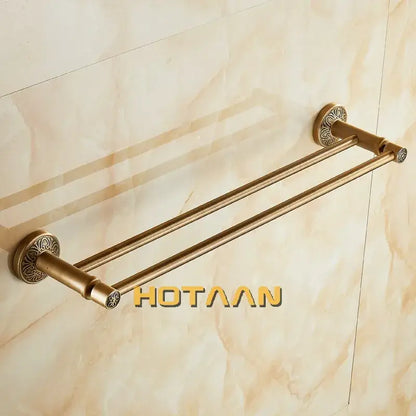 Antique brass double towel bar with floral ornate bathroom rack
