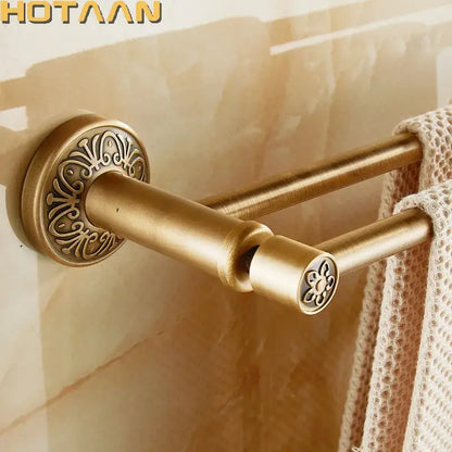 Antique brass double towel bar with floral ornate bathroom rack