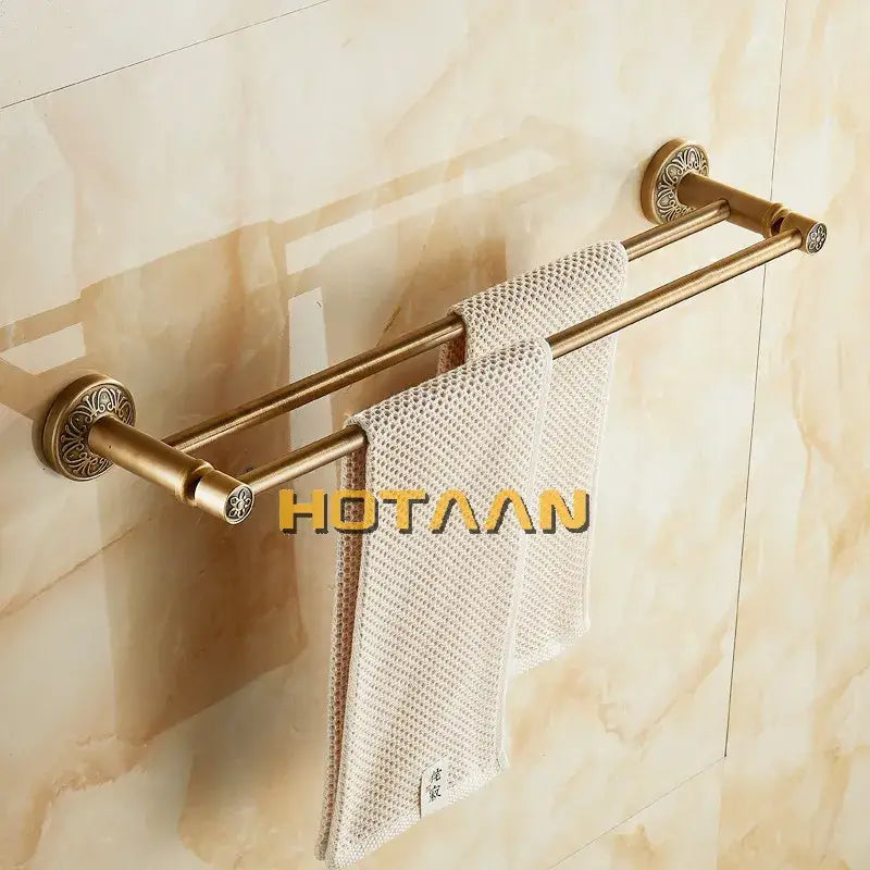 Antique brass double towel bar with floral ornate bathroom rack