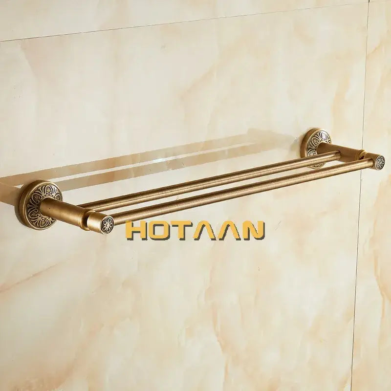 Antique brass double towel bar with floral ornate bathroom rack