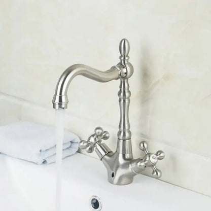 Antique brass dual handle kitchen faucet with swivel spout