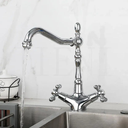 Antique brass dual handle kitchen faucet with swivel spout