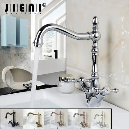 Antique brass dual handle kitchen faucet with swivel spout