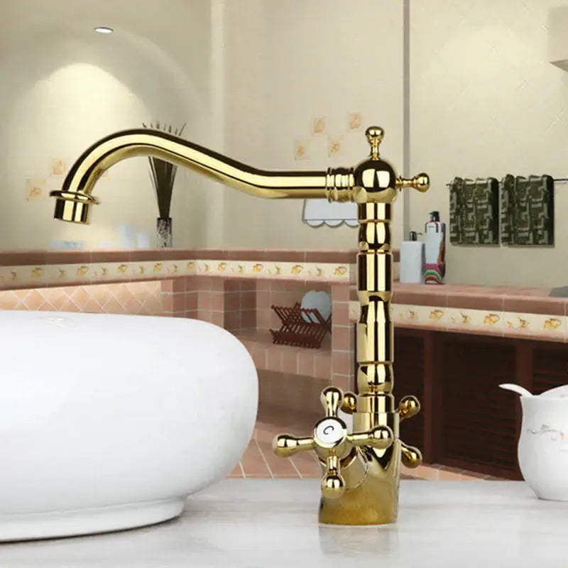 Antique brass dual handle kitchen faucet with swivel spout
