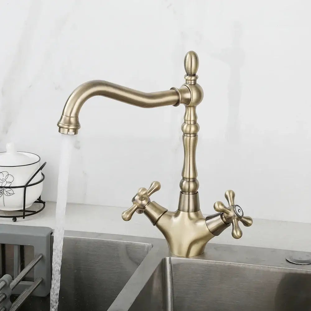Antique brass dual handle kitchen faucet with swivel spout