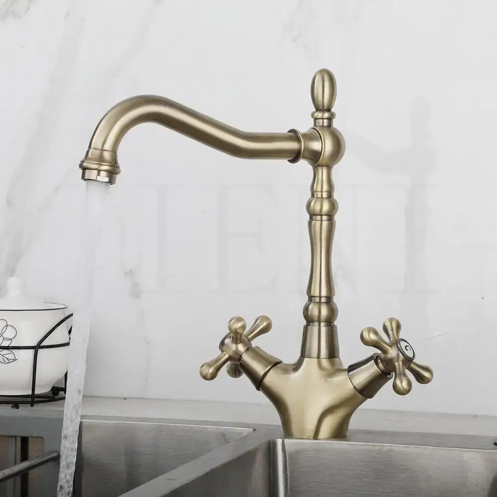 Antique brass dual handle kitchen faucet with swivel spout