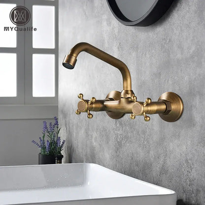Antique brass dual handle wall mount kitchen faucet