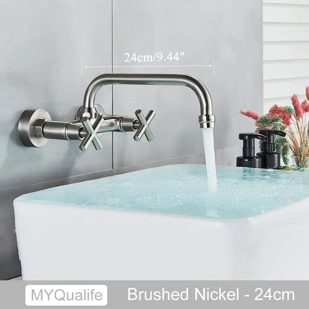 Antique brass dual handle wall mount kitchen faucet