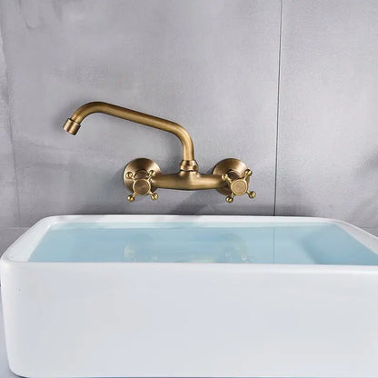Antique brass dual handle wall mount kitchen faucet
