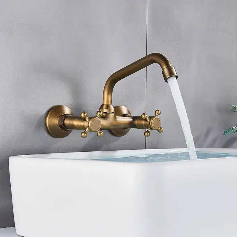 Antique brass dual handle wall mount kitchen faucet
