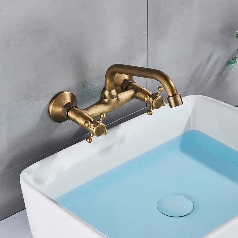 Antique brass dual handle wall mount kitchen faucet