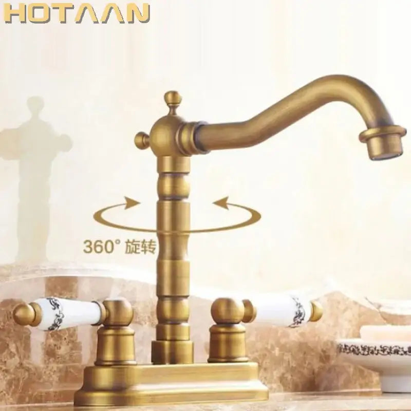 Antique brass dual hole basin faucet with ceramic handles kitchen tap