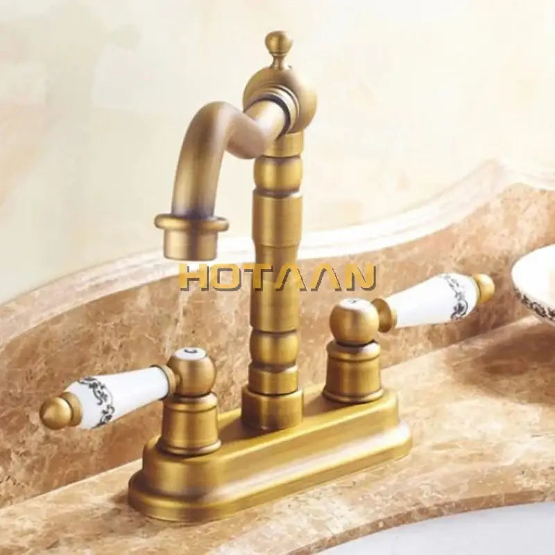 Antique brass dual hole basin faucet with ceramic handles kitchen tap