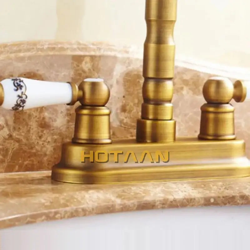 Antique brass dual hole basin faucet with ceramic handles kitchen tap