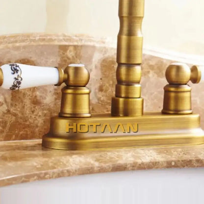 Antique brass dual hole basin faucet with ceramic handles kitchen tap