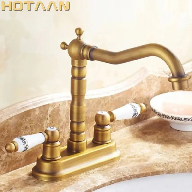 Antique brass dual hole basin faucet with ceramic handles kitchen tap