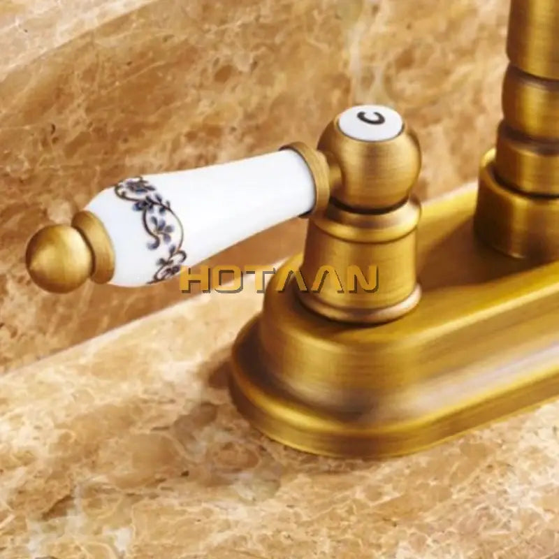 Antique brass dual hole basin faucet with ceramic handles kitchen tap